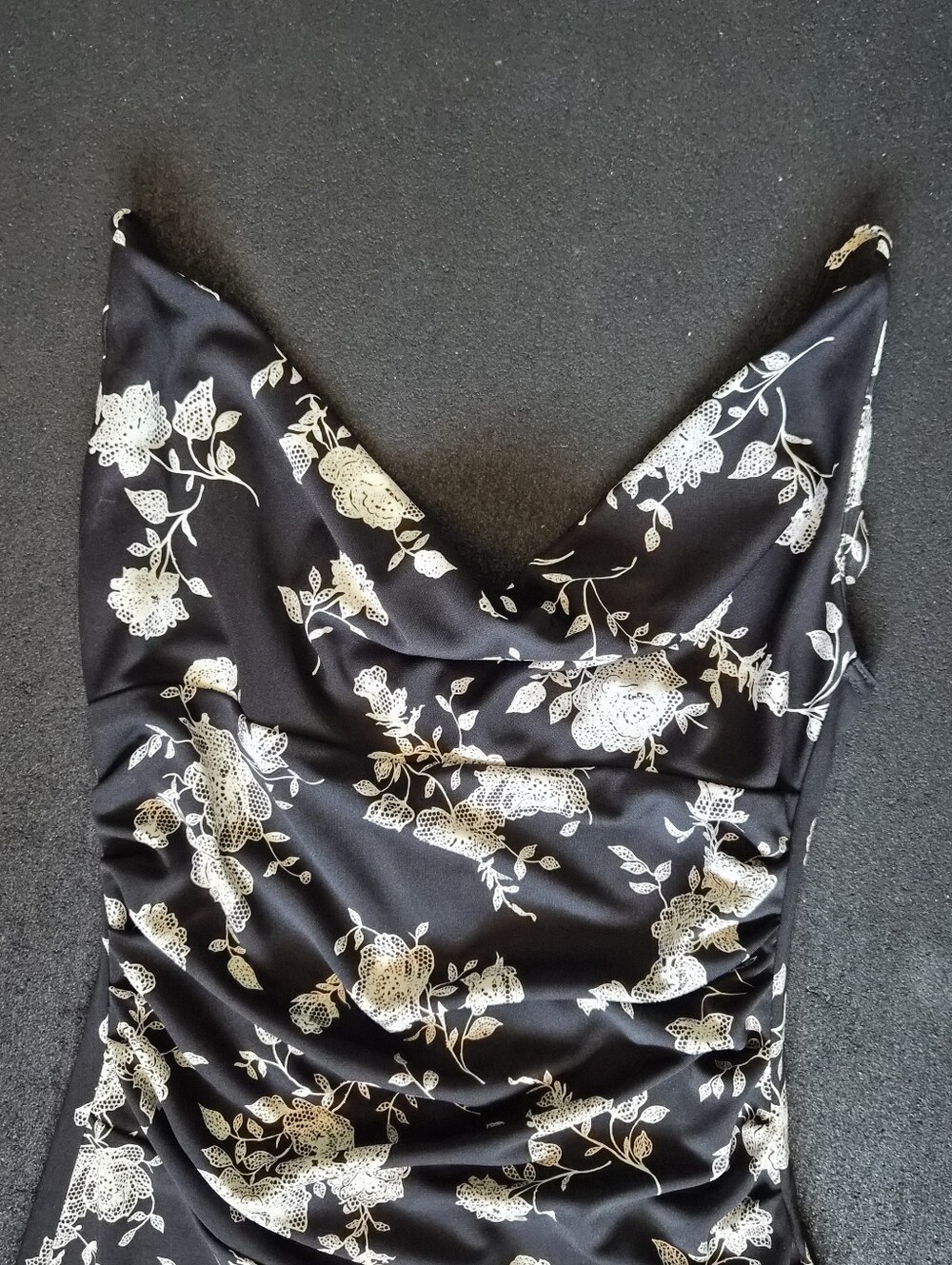 Vintage 90s Black And White Floral Cowl Neck Fitted Cocktail Dress